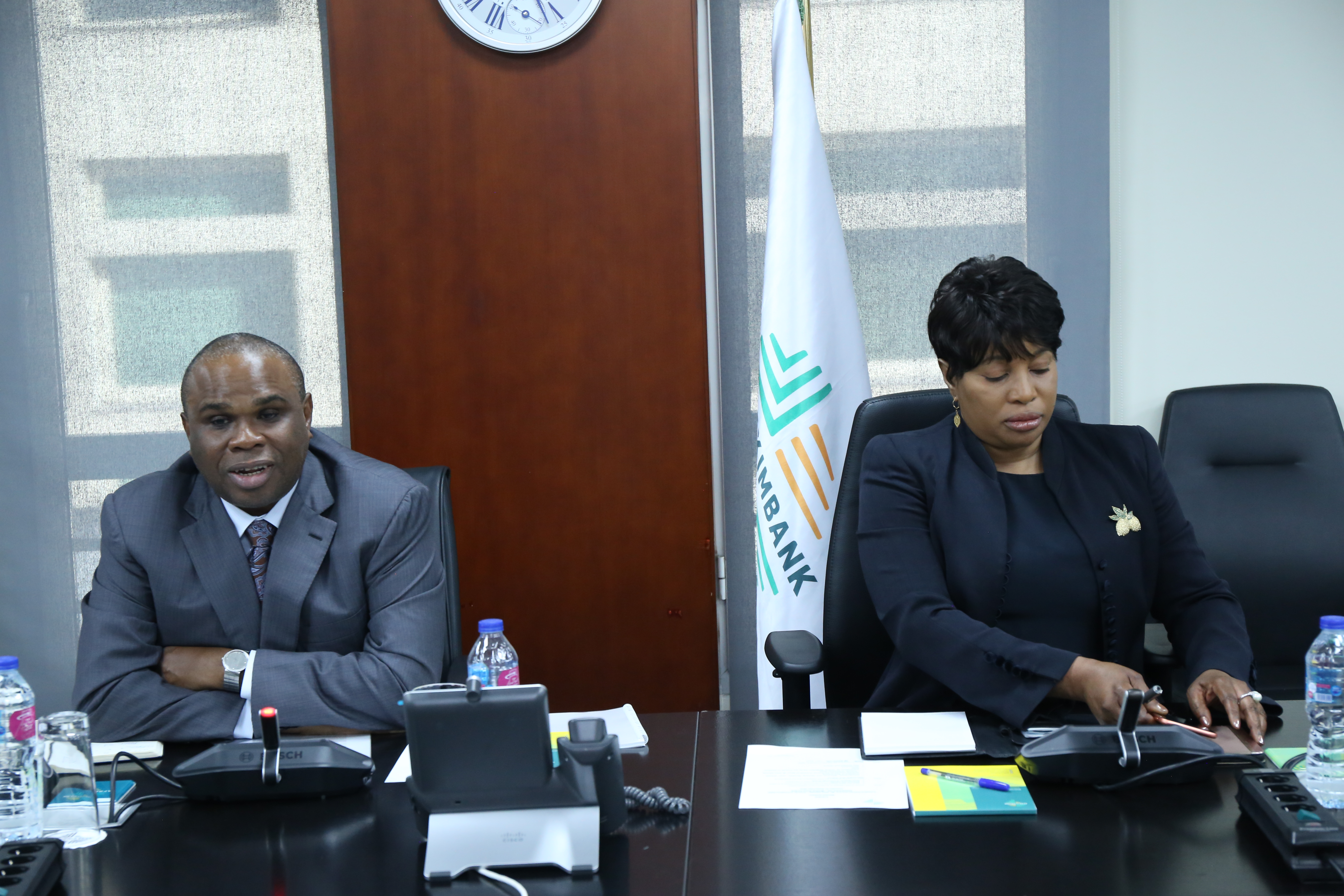 Afreximbank President Prof. Benedict Oramah (L), joined by Gwen Mwaba, Director. Trade Finance, Afreximbank, delivers opening remarks during the meeting with the Kwazulu-Natal delegation.